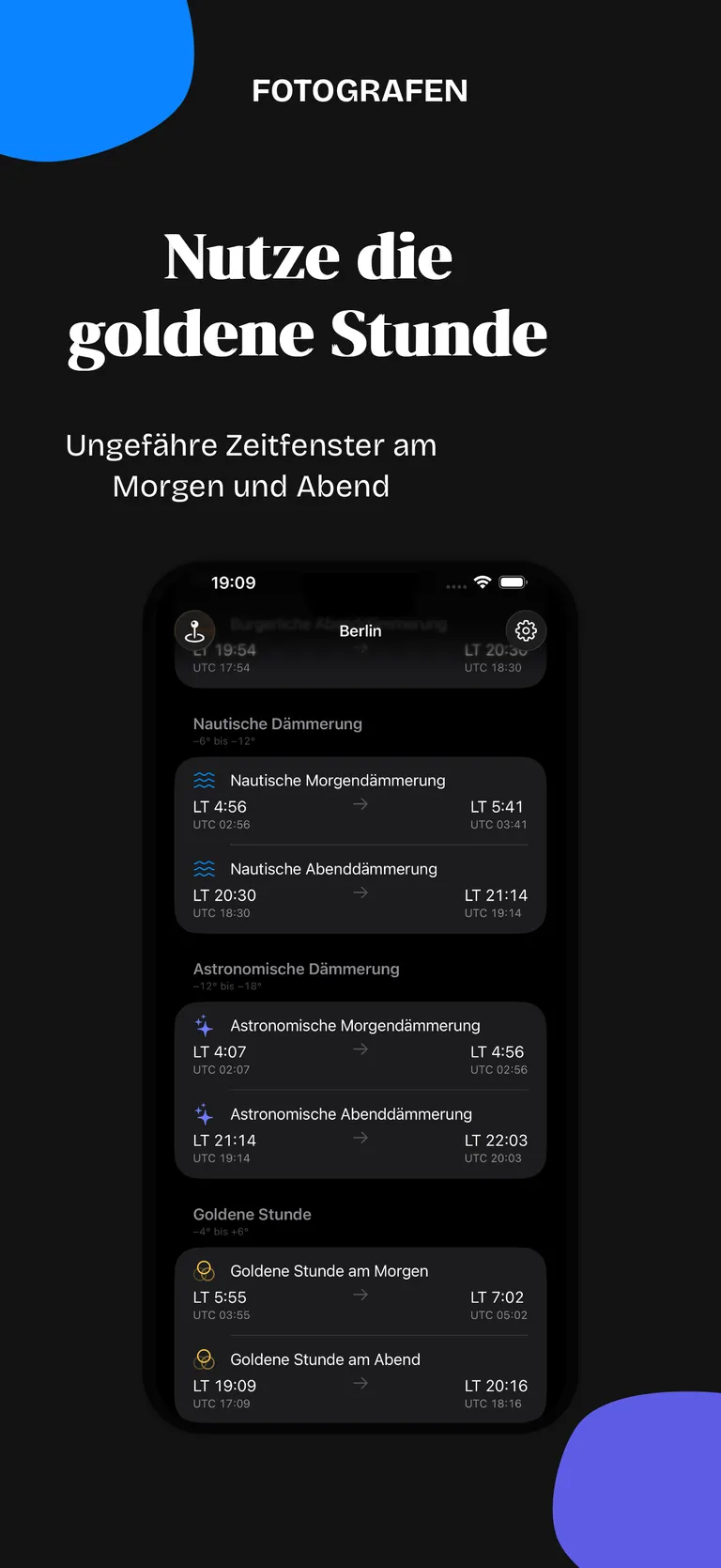 Civil Twilight zeigt Zeiten der Goldenen Stunde für die Fotografie